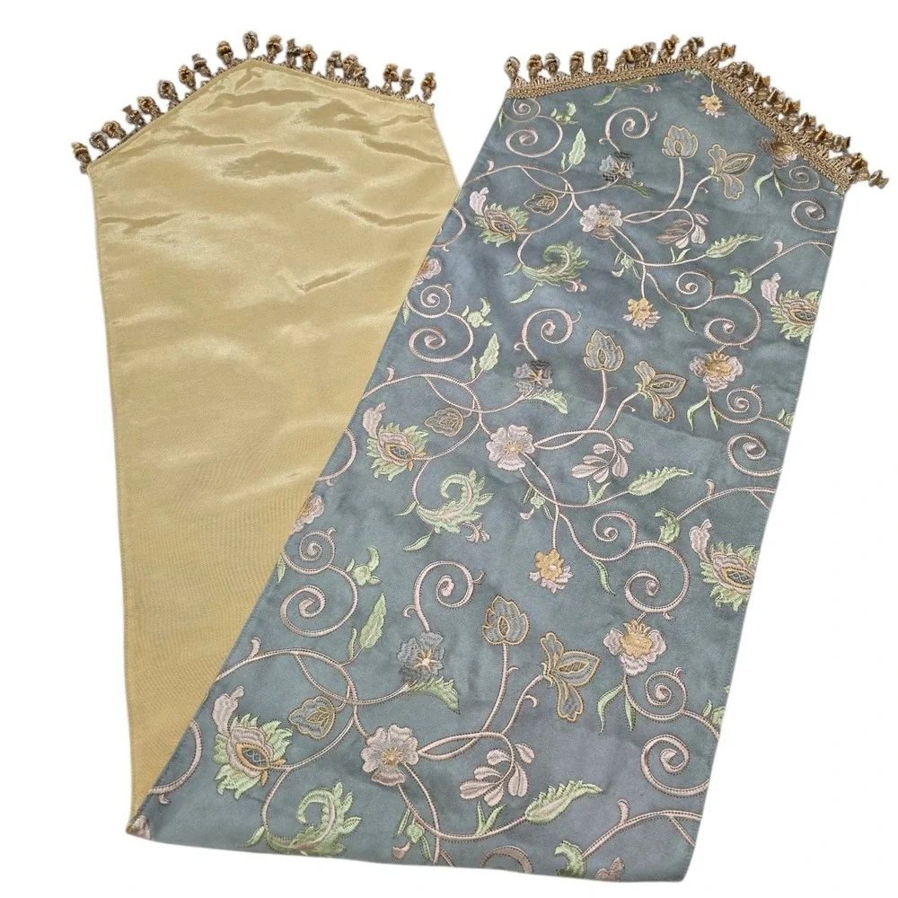 Canaan Company Sage Green Faux Suede Embroidered Floral Beaded Tassel Table‎ Run